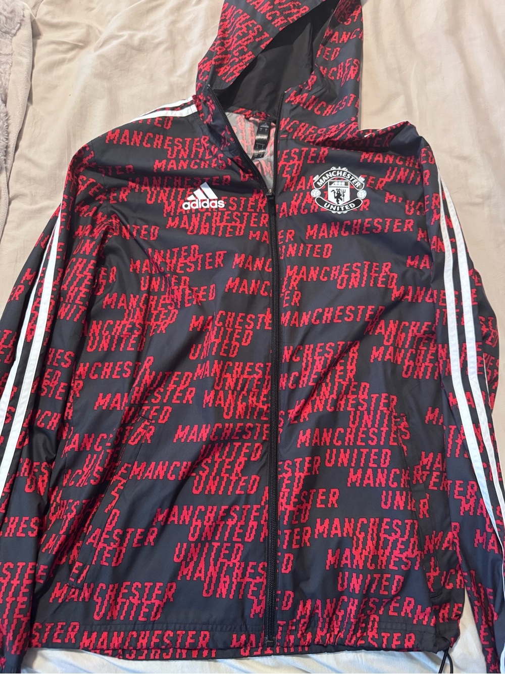 Adidas x Manchester United Black & Red Full-Zip Hooded Windbreaker Jacket Size S